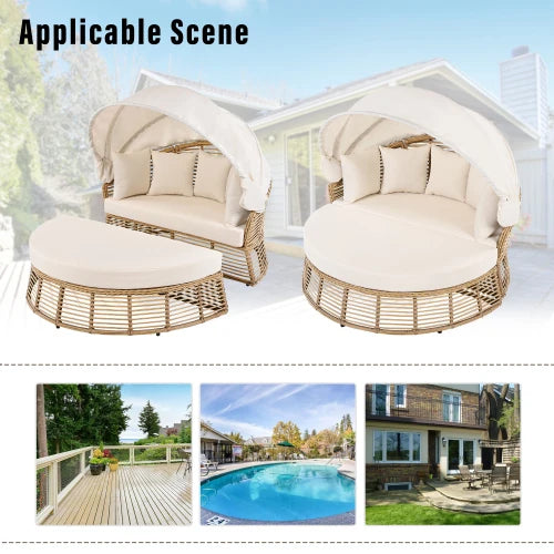Outdoor terrace rattan circular sofa with retractable canopy, willow furniture circular poolside sofa with detachable cushion