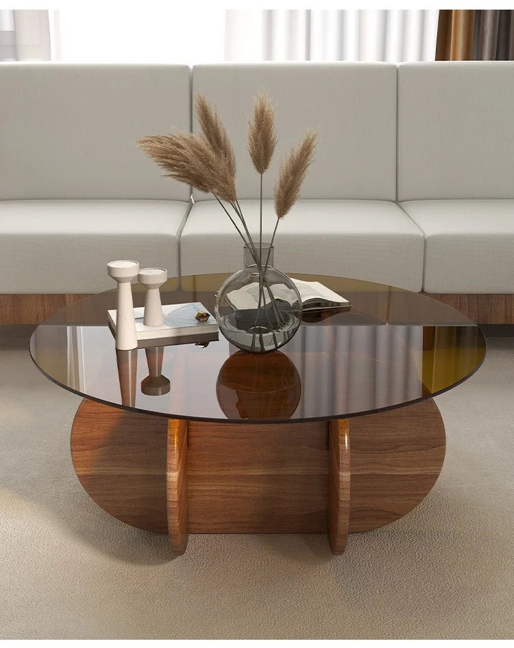 Table basse en verre de luxe légère, moderne, simple, petit appartement, salon, ronde, bois massif, maison, design créatif, table d'appoint de canapé