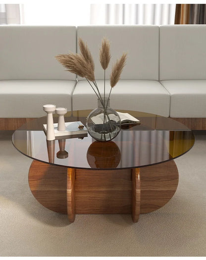 Table basse en verre de luxe légère, moderne, simple, petit appartement, salon, ronde, bois massif, maison, design créatif, table d'appoint de canapé