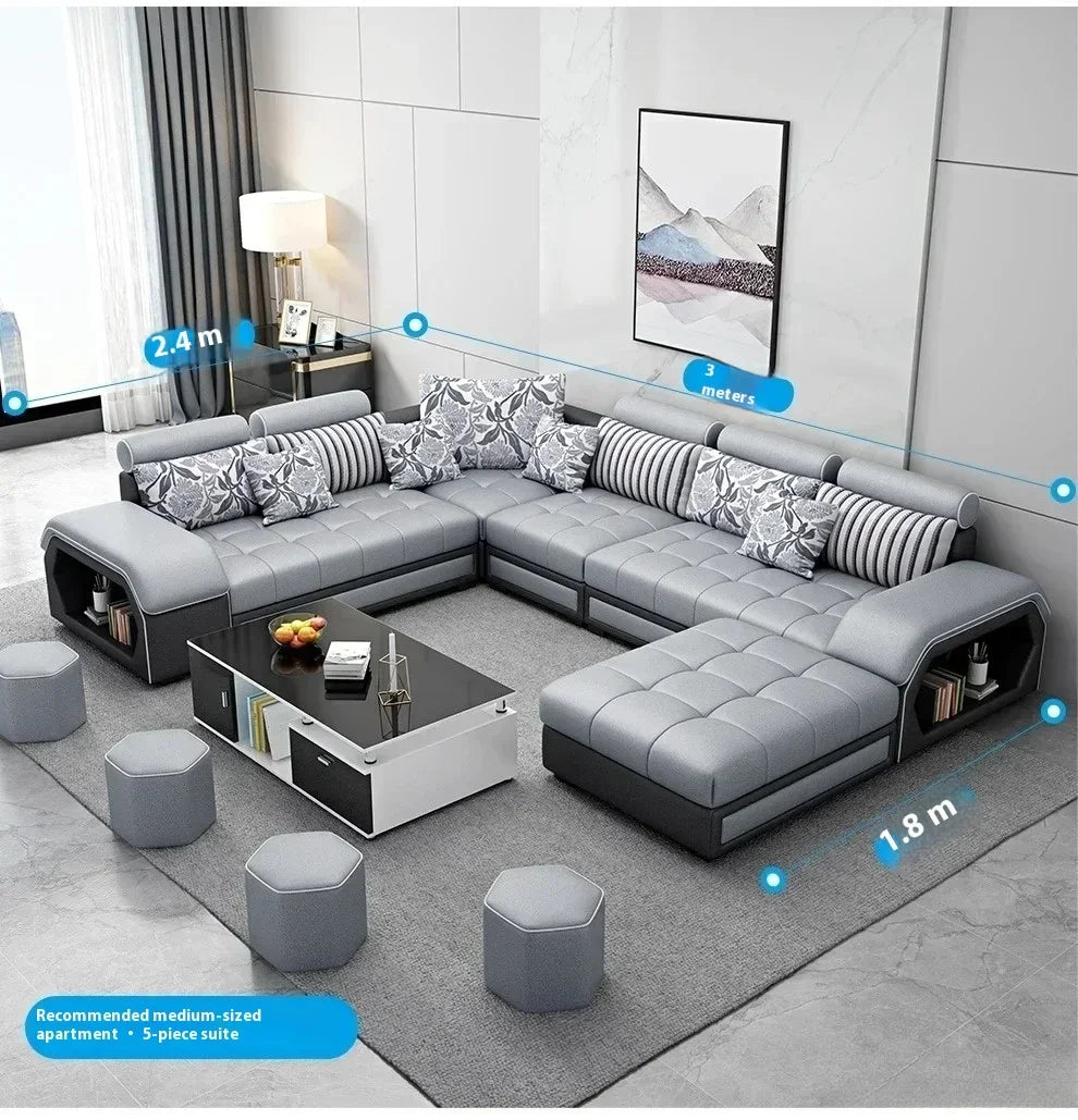 Linlamim Fabric Sofa Set Furniture Living Room Sofa Set with USB and Stools / Big U Shape Cloth Couch Sofas for Home Furniture