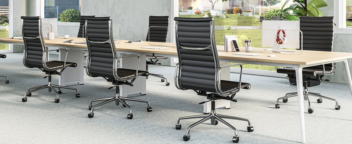 High Mid Back Ribbed Office Chair Genuine Leather Swivel Chair Adjustable Ergonomic Computer Chair with Aluminium Alloy Frame