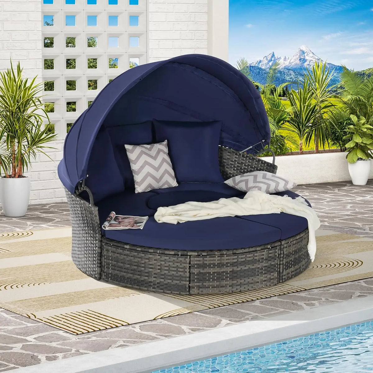 All-Weather Patio Round Outdoor Sectional Sofa Set with Retractable Canopy,Rattan Daybed Two-Tone Weave Sunbed with Separate Se