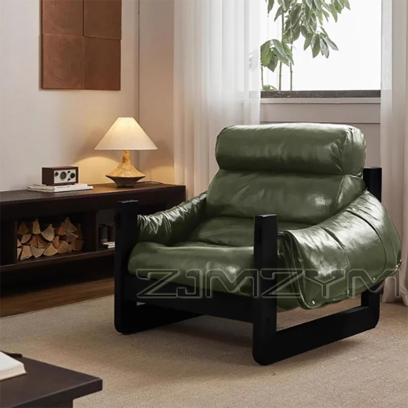 Oil Wax Leather Single Chair Casual Home Sofa Lounge Chairs, Retro Removable Washable Sofa All Solid Metal Base