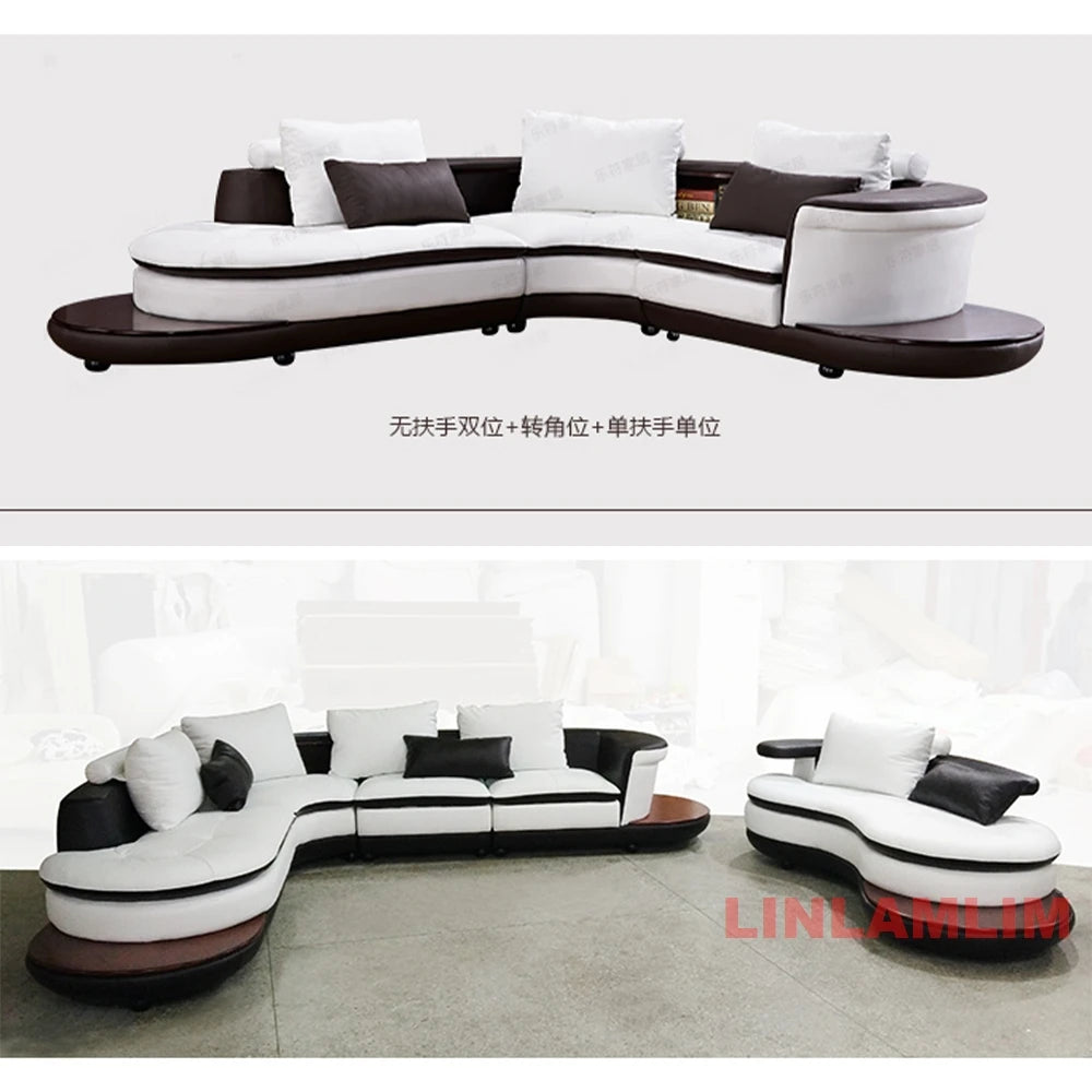 Modern Luxury Genuine Leather Sectional Sofa Set with Speaker and USB, U-Shaped Design Living Room Couch with Storage Shelves