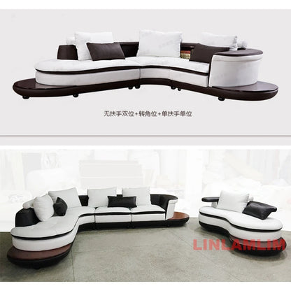 Modern Luxury Genuine Leather Sectional Sofa Set with Speaker and USB, U-Shaped Design Living Room Couch with Storage Shelves