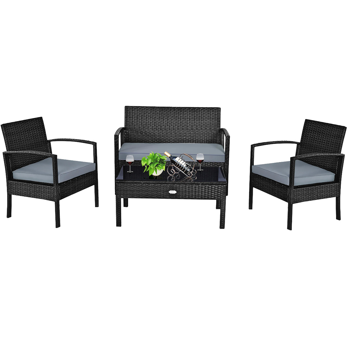 4pcs Outdoor Patio Rattan Wicker Set Table Sofa Cushioned Deck Black