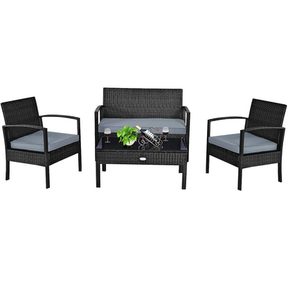 4pcs Outdoor Patio Rattan Wicker Set Table Sofa Cushioned Deck Black