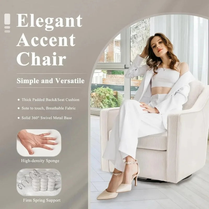 Set of 2 Upholstered Swivel Accent Chairs with Track Arms, Thick Padding, Solid Metal Base, Mid-Century Modern Design