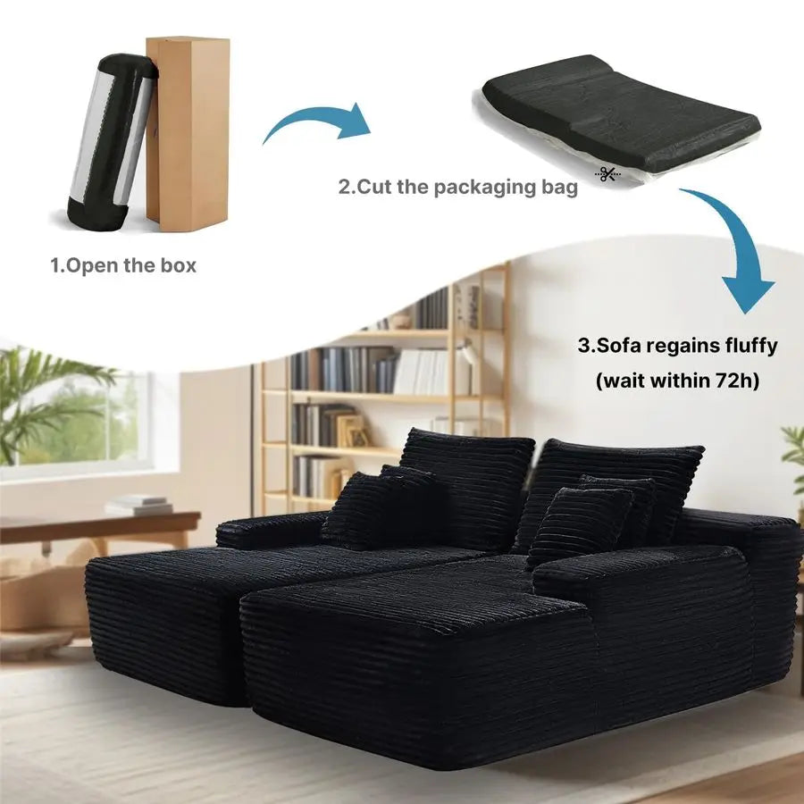 Oversized Chaise Lounge Chair Indoor, Black Corduroy Boneless Sofa Bed, Comfy Cloud Couch Sectional Couches for Living Room, Be