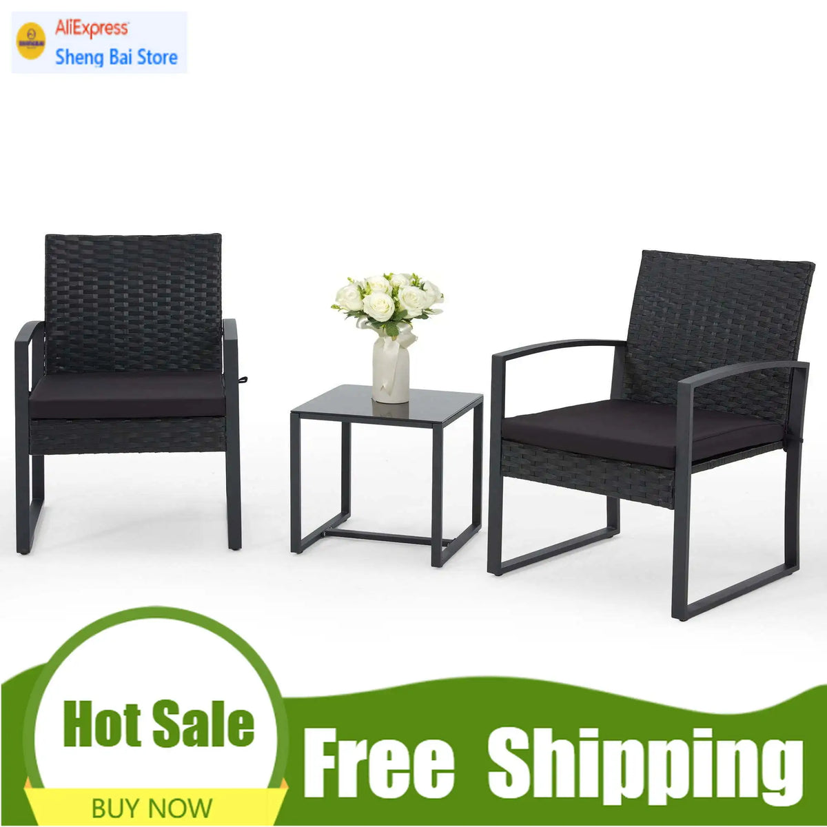 3-Piece Patio Bistro Set, Outdoor Rattan Furniture Set with Coffee Table, Ideal for Outdoor Use, Black