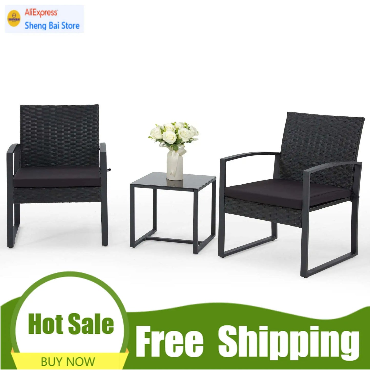 3-Piece Patio Bistro Set, Outdoor Rattan Furniture Set with Coffee Table, Ideal for Outdoor Use, Black