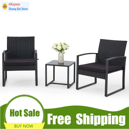 3-Piece Patio Bistro Set, Outdoor Rattan Furniture Set with Coffee Table, Ideal for Outdoor Use, Black