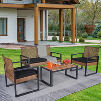 Brown Rattan Outdoor Patio Furniture Set 4 Pieces Garden Sofa Table Chairs with Cushions Weather Resistant