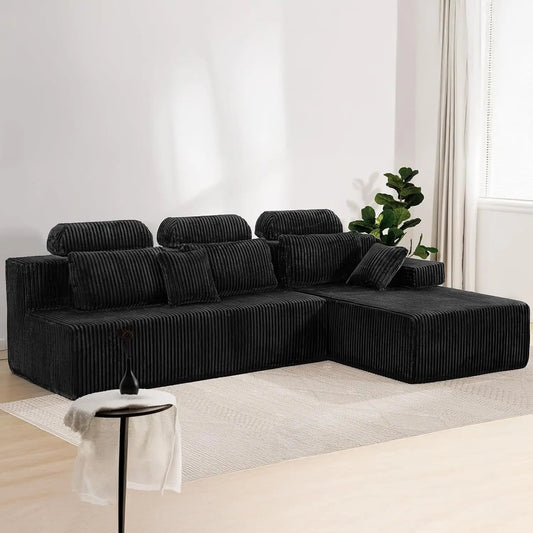 "High Backrest L-Shape Modular Sectional Sofa with Cloud Corduroy, Convertible Chaise for Left or Right Side, Bonel"