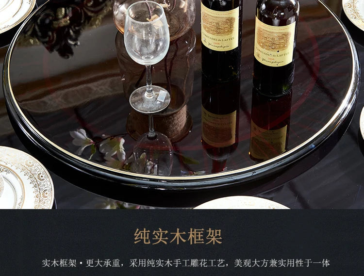 HTT marble dining table and chair combination carved round table for household8 people round  with turntable furniture