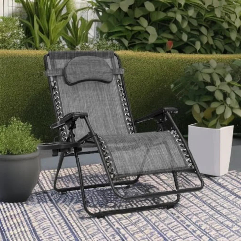 Oversized Zero Gravity Chair, Folding Outdoor Patio Lounge Recliner w/Cup Holder Accessory Tray, Pillow - Gray