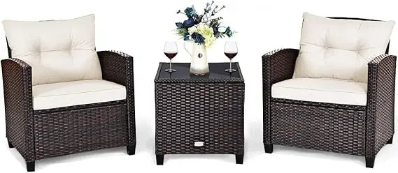 HAPPYGRILL 3 Pieces Patio Conversation Set, Outdoor Furniture Set PE Rattan Sofa Set with Removable Cushions, PE Wicker Chairs w