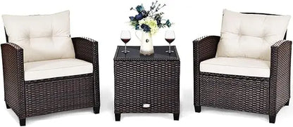 HAPPYGRILL 3 Pieces Patio Conversation Set, Outdoor Furniture Set PE Rattan Sofa Set with Removable Cushions, PE Wicker Chairs w