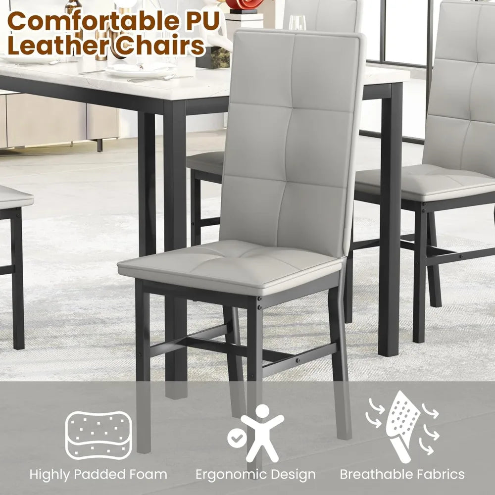 4-person Dining Table Set, Modern Artificial Marble Dining Table with 4 PU Leather Chairs, 5-piece Small Dining Table Set