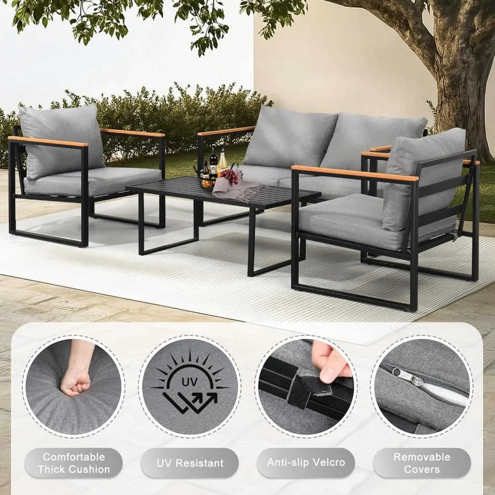 Outdoor Metal Patio Furniture Sets 4-Piece, Sectional Outdoor Conversation Sets w/Iron Coffee Table, Patio Couch with Rem