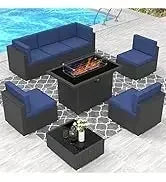 PatioLix 8 Piece Patio Furniture with 44"Propane Gas Fire Pit Table. Outdoor Sectional Conversation Set Wicker Rattan Sofa