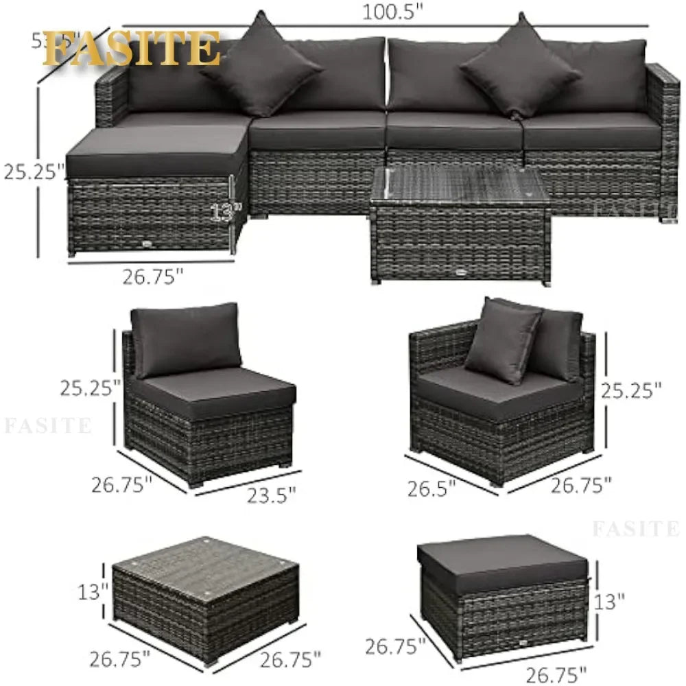 6 Piece Patio Furniture Set  Wicker All Weather PE Rattan Sectional Sofa Set, and Tempered Glass Table,Mixed Gray and Charcoal