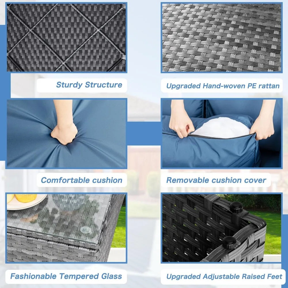 7 Pieces Outdoor Patio Sectional Sofa Couch, Silver Gray PE Wicker Furniture Conversation Sets with Washable Cushions & Glass C