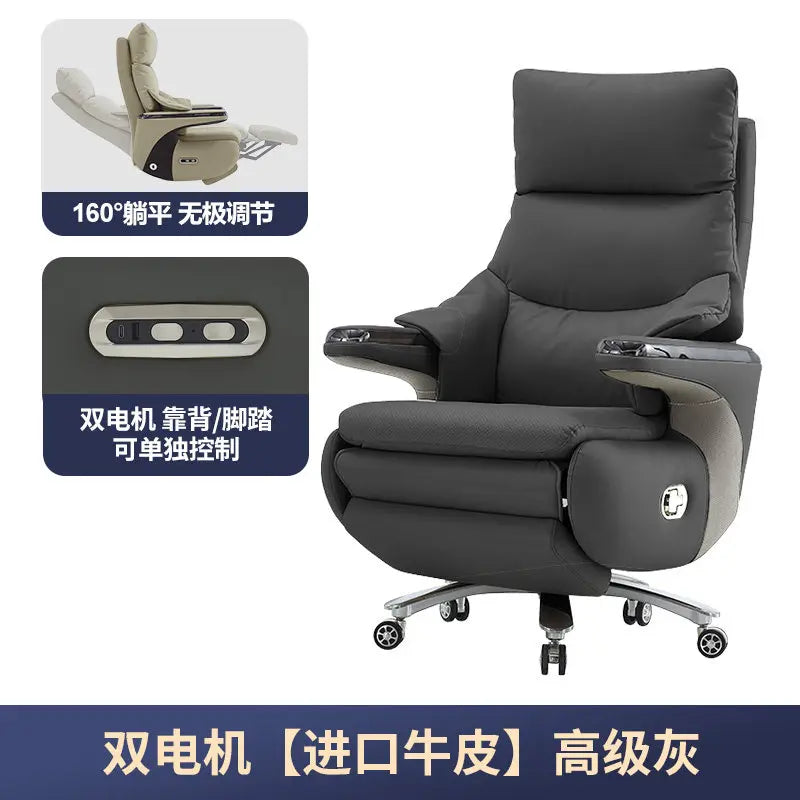 New Electric Genuine Leather Executive Chair - High-Back Reclining Office Desk Chair for Daytime Rest and Prolonged Sitting JT40