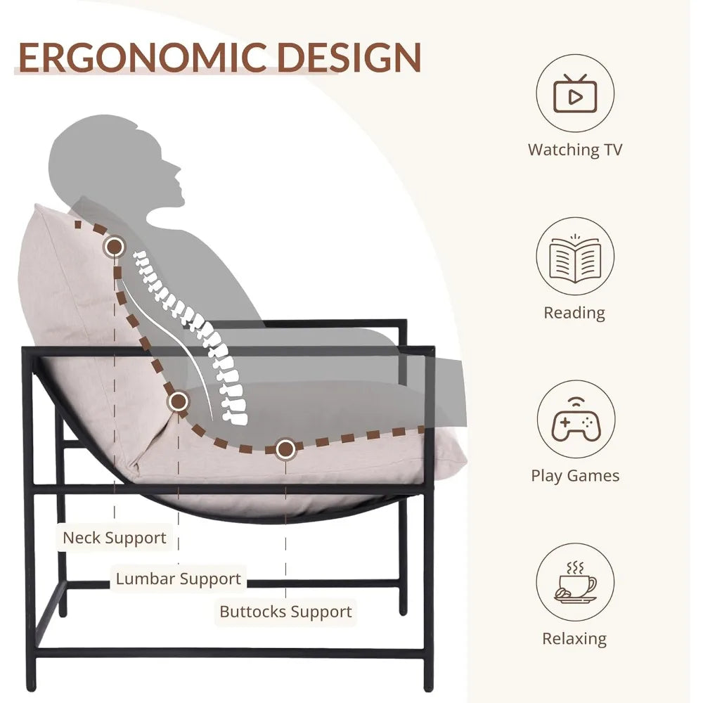 Sling Accent Chair with Metal Frame, Modern Armchair with Memory Foam Cushion, Comfy Lounge Chair for Living Room Bedroom Balcon