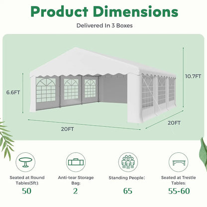 20X20FT Party Tent, White Outdoor Wedding Canopy with Removable Sidewalls and Church Windows, Heavy Duty Pavilion, Customized