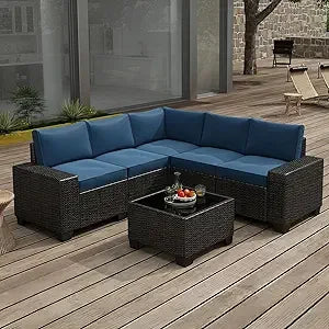 6 Pieces Patio Furniture Set, Outdoor Sectional Set of 6 w/Wide Armrest, Waterproof Wicker Conversation Set for Backyard, Deck,