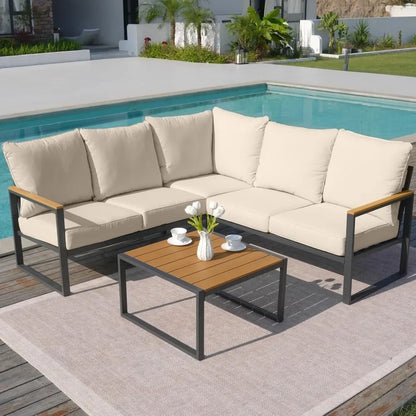"6-Piece L-Shaped Patio Set - Outdoor Sectional Sofa w/ Faux-Wood Side Table, All-Weather Conversation Group"