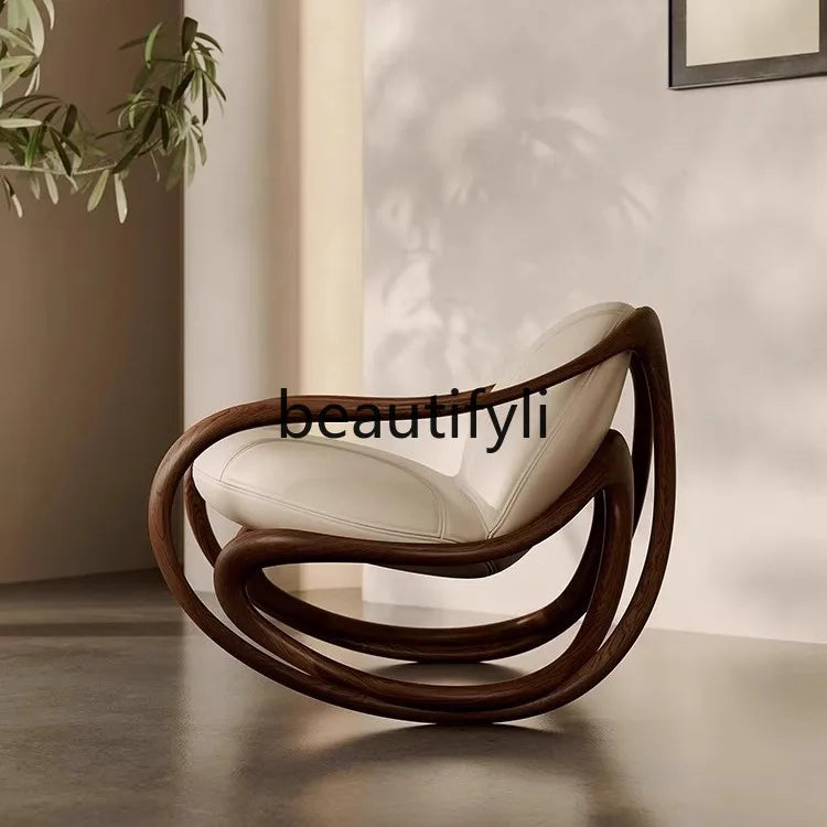 Italian leather sofa, solid wood black walnut balcony, leisure lounge chair, living room rocking chair
