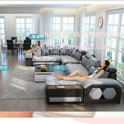 Customizable U-Shaped Sectional Fabric Sofa Set - Modern LivingRoom Furniture with Storage, Built-in Side Table, USB,andCushions