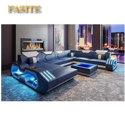 Luxury Italy Design Sectional Sofa Bed Modern LED Living Room Furniture Genuine Leather Sofas Sets