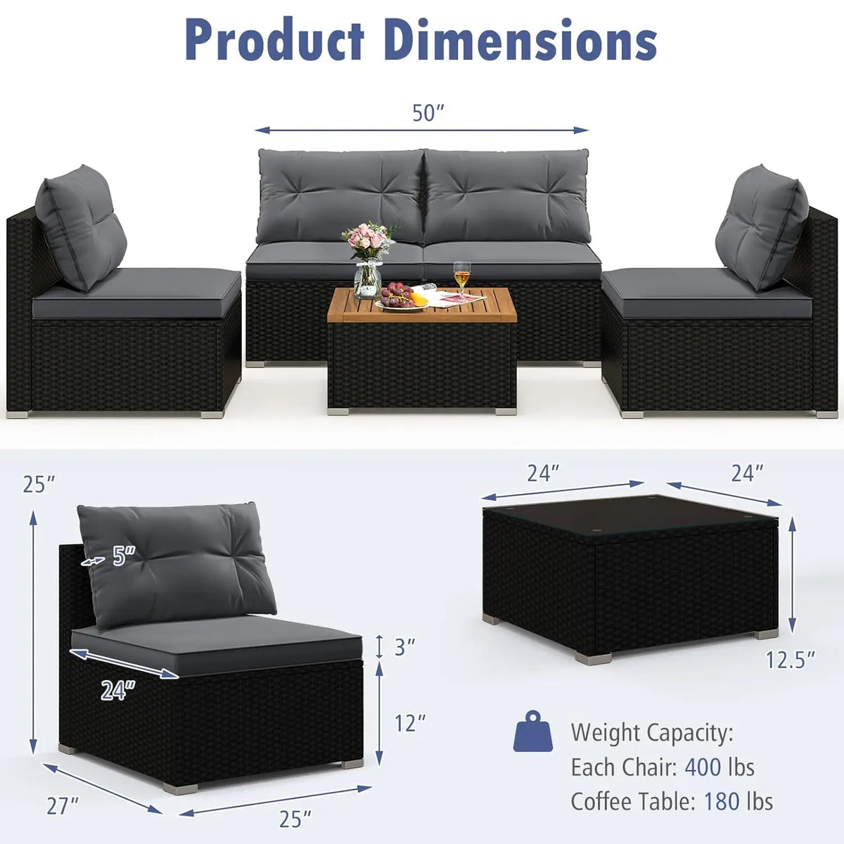 5pc PE Rattan Sectional Set 4 Armless Sofas Acacia Table Cushioned Garden Poolside Backyard Grey Customized