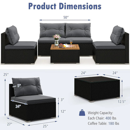 5pc PE Rattan Sectional Set 4 Armless Sofas Acacia Table Cushioned Garden Poolside Backyard Grey Customized