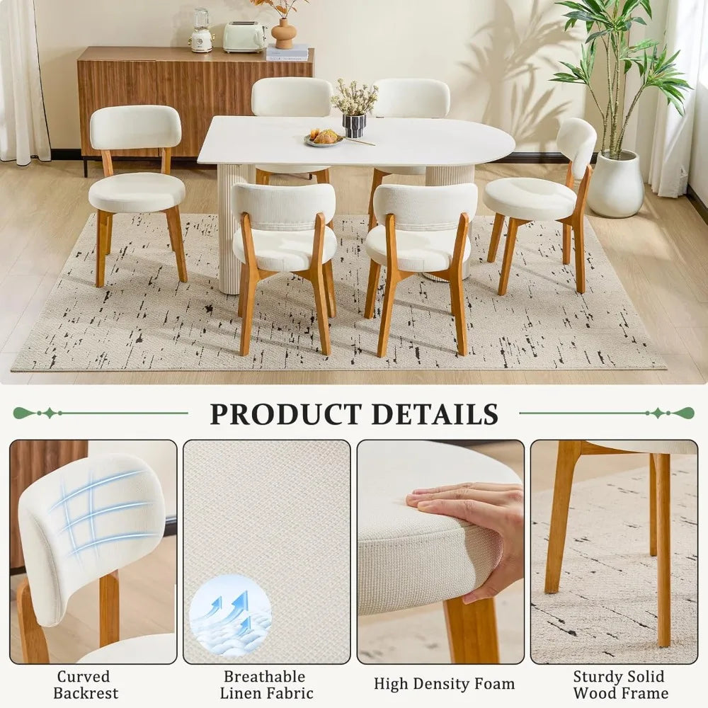 Oak Wooden Dining Chairs Set of 4, Mid-Century Modern Linen Upholstered Kitchen Chair with Solid Wood