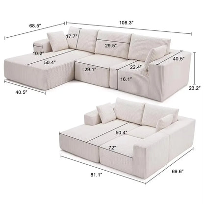 Cloud Corduroy 108 Modular Compression Combination Sofa with Deep Seat L-Shaped Chaise Lounge Living Room Bedroom Sofa