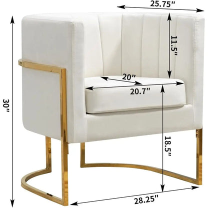Mid-Century Velvet Accent Chair with Barrel Arms, Upholstered for Comfort, Gold Legs, White for Living/Bedroom，Customized