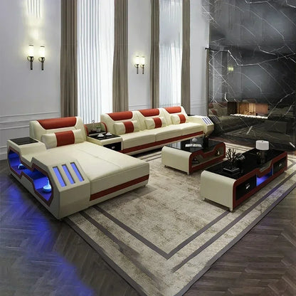 European Design Style LED Electric Sectional Sofa Set Top Microfiber Leather Home Furniture For Luxury Villa Living