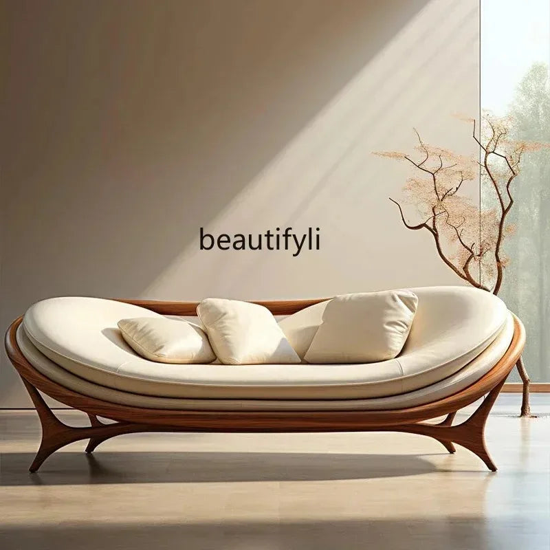a3813  New Chinese-style solid wood sofa living room modern simple small apartment leather recliner sofa lazy chair