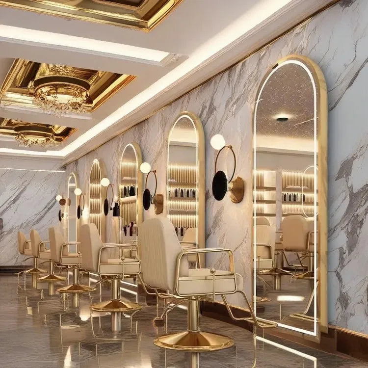 Luxury Gold Frame Barber Station LED Big Best Selling Table Cabinet Salon Mirror with Chair