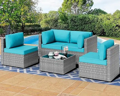 7 Pieces Outdoor Patio Sectional Sofa Couch, Silver Gray PE Wicker Furniture Conversation Sets with Washable Cushions & Glass C