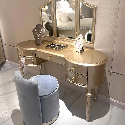Luxury Custom Solid Wood Dressing Table With Extendable Vanity Desk & Mirror European & American Style