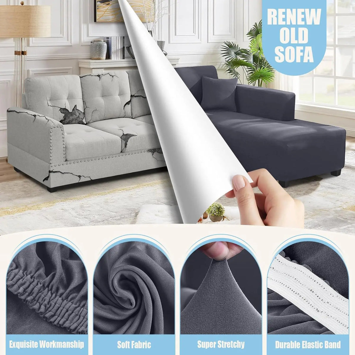 L-Shaped Stretch Sofa Covers, 2-Piece Set with Pillow Covers for Pets and Kids, Light Grey