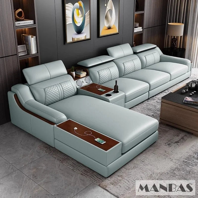 Modern Italian Genuine Leather Sofa for Living Room with Cup Holder, USB, Adjustable Headrests & Bluetooth Speaker - Linlamlim