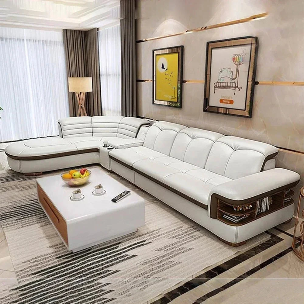 Luxury L-Shaped Genuine Leather Sectional Sofa Sets with USB, Bluetooth Speaker - MINGDIBAO Living Room Italian Leather Couches