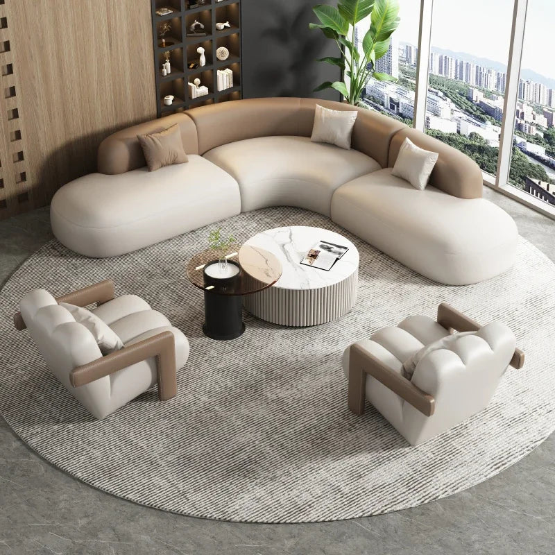 DIGGERA Curved Leather Sofa Set with Solid Wood Frame, Modern Sectional Couches for Living Room, Comfortable Leather Couch Sets