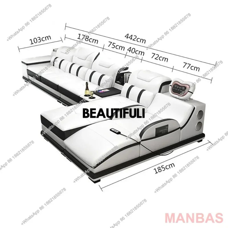 a48 Italy Genuine Leather Sectional Sofa with Bluetooth Speaker,Functional Headrest,Massage Chaise | L Shape Corner Couch